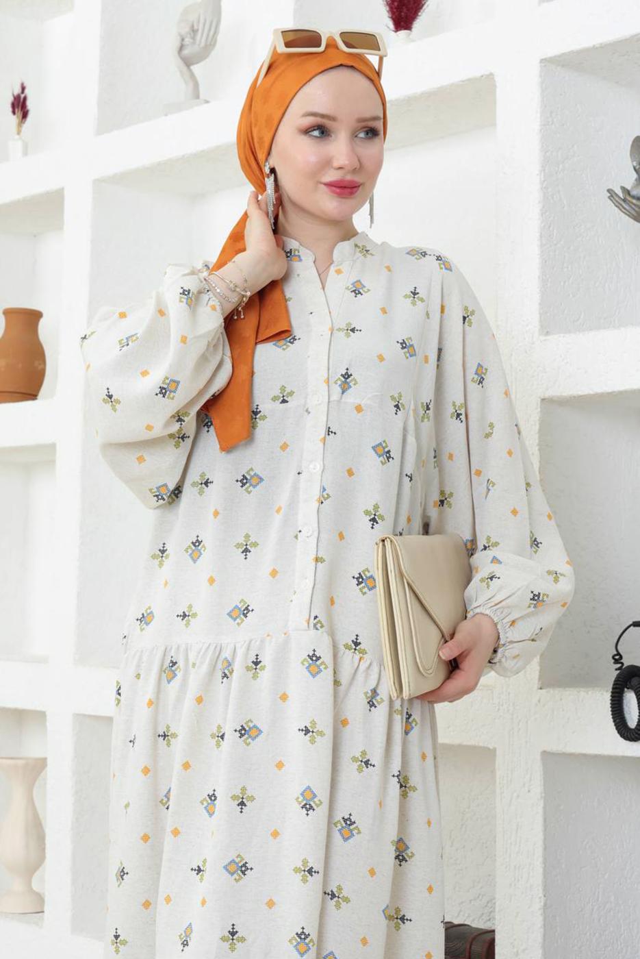 Vêtements hijab BEIGE ROBE SALAS TEXTURE LIN T 8746