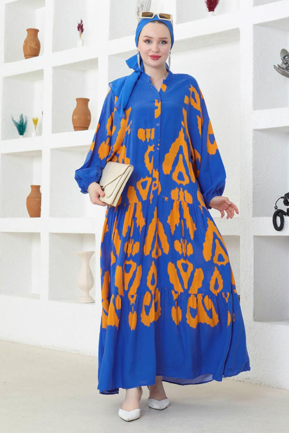 Tesettür giyim LACİVERT DESENLİ VİSKON ELBİSE T 8749-1