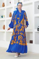 Tesettür giyim LACİVERT DESENLİ VİSKON ELBİSE T 8749-1