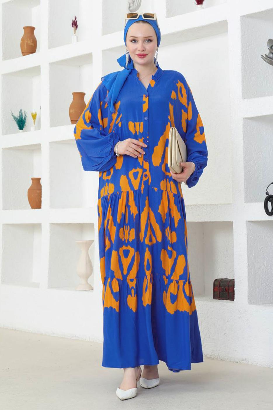 Tesettür giyim LACİVERT DESENLİ VİSKON ELBİSE T 8749-1