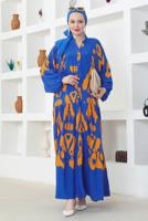 Tesettür giyim LACİVERT DESENLİ VİSKON ELBİSE T 8749-1