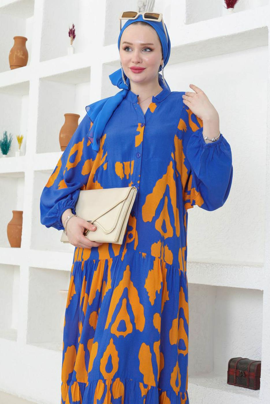 Tesettür giyim LACİVERT DESENLİ VİSKON ELBİSE T 8749-1