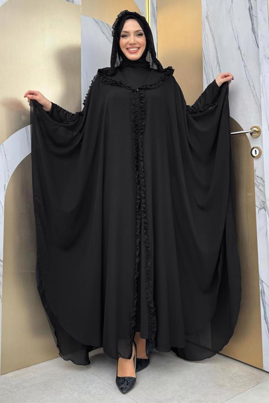 Tesettür giyim SİYAH PELERİNLİ ŞİFON ELBİSE T 8773