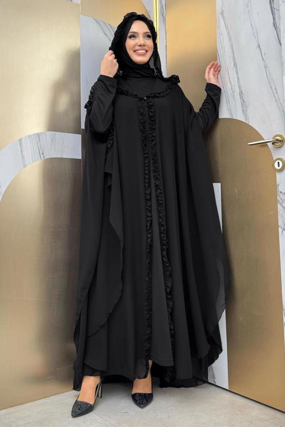 Tesettür giyim SİYAH PELERİNLİ ŞİFON ELBİSE T 8773