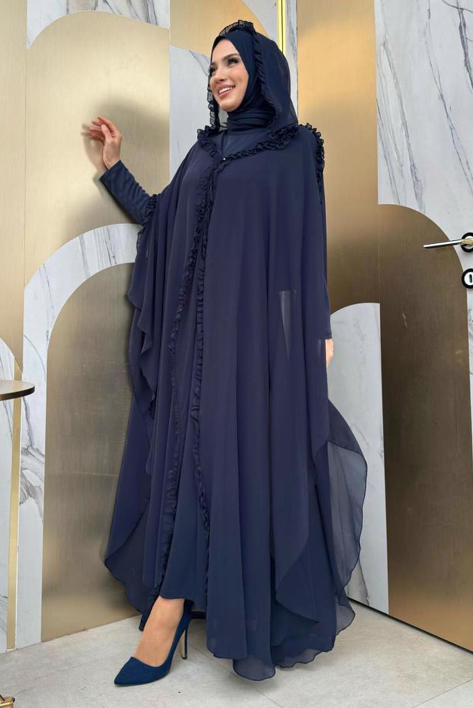 Tesettür giyim LACİVERT PELERİNLİ ŞİFON ELBİSE T 8773