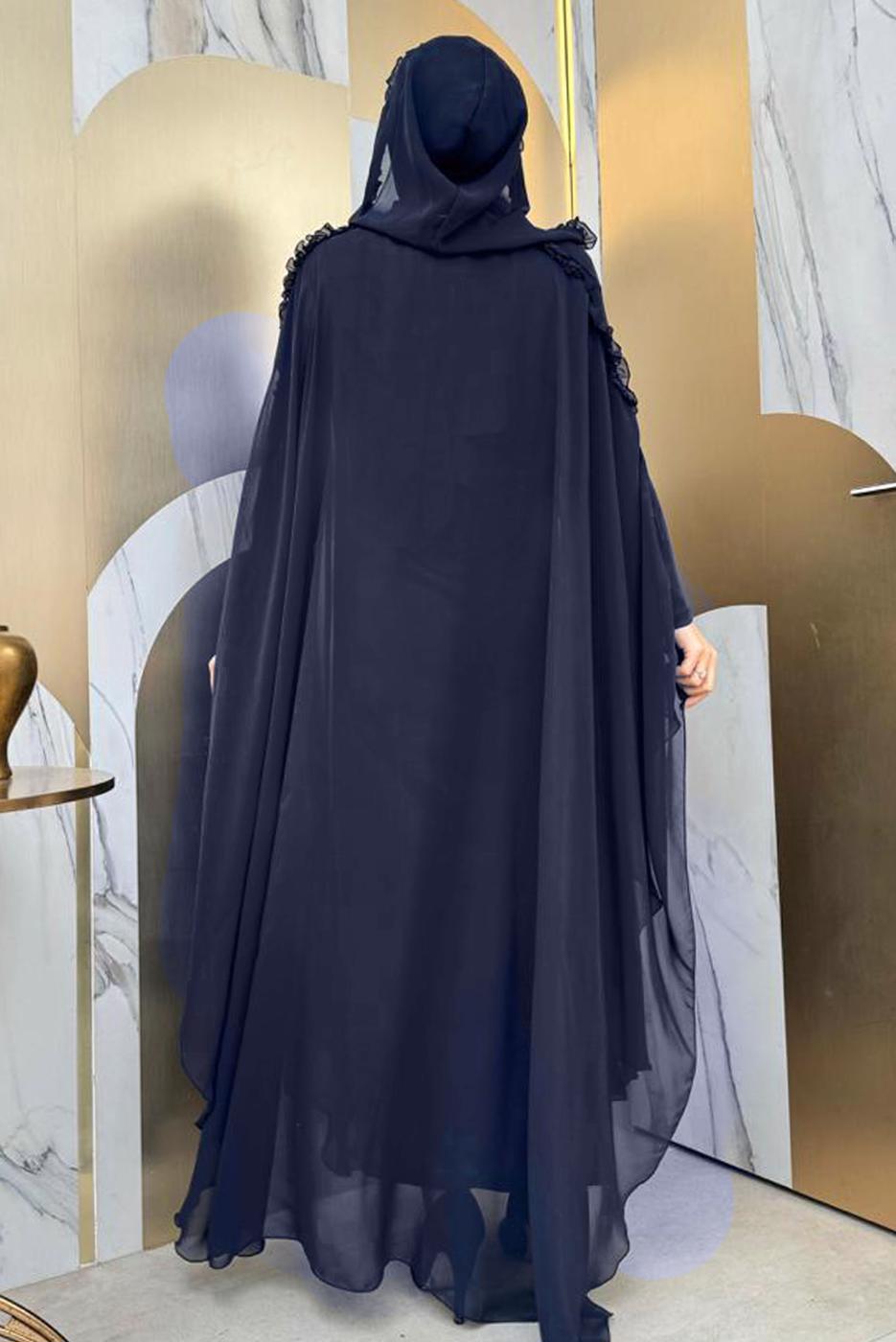 Tesettür giyim LACİVERT PELERİNLİ ŞİFON ELBİSE T 8773