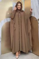 Tesettür giyim VİZON PELERİNLİ ŞİFON ELBİSE T 8773