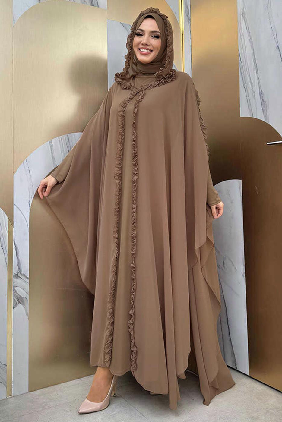 Tesettür giyim VİZON PELERİNLİ ŞİFON ELBİSE T 8773