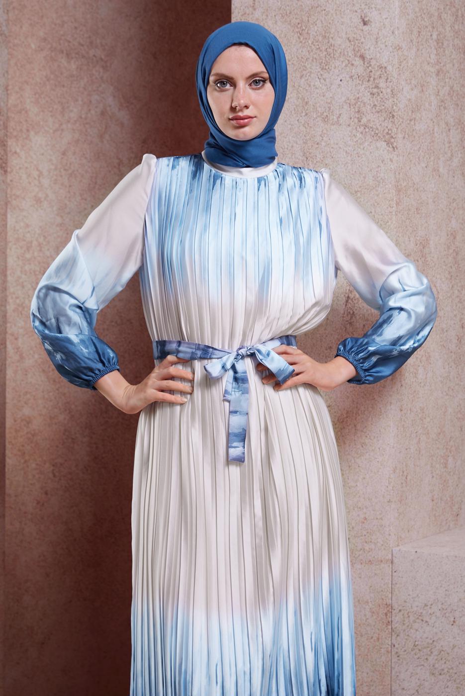 Vêtements hijab BLEU ROBE DÉGRADÉE CEINTURE T 8785