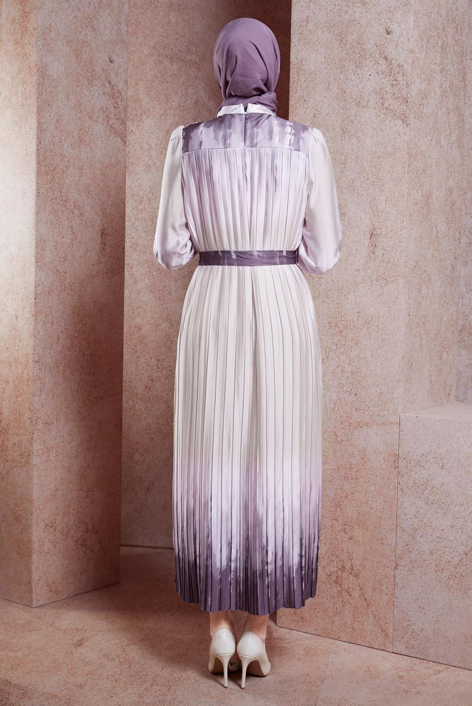 Tesettür giyim MOR KUŞAKLI DEGRADE ELBİSE T 8785