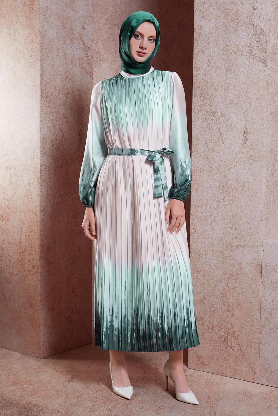 Tesettür giyim YEŞİL KUŞAKLI DEGRADE ELBİSE T 8785