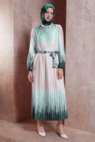 Tesettür giyim YEŞİL KUŞAKLI DEGRADE ELBİSE T 8785