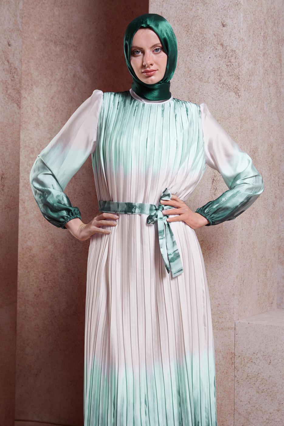 Tesettür giyim YEŞİL KUŞAKLI DEGRADE ELBİSE T 8785