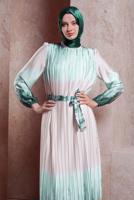 Tesettür giyim YEŞİL KUŞAKLI DEGRADE ELBİSE T 8785