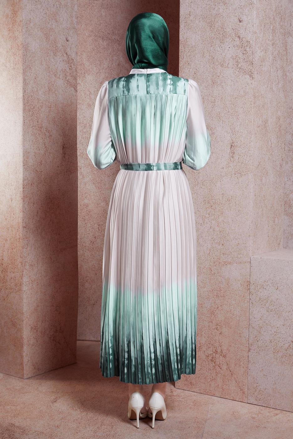 Tesettür giyim YEŞİL KUŞAKLI DEGRADE ELBİSE T 8785