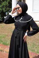 Tesettür giyim SİYAH KUŞAKLI TESETTÜR ELBİSE T 8806