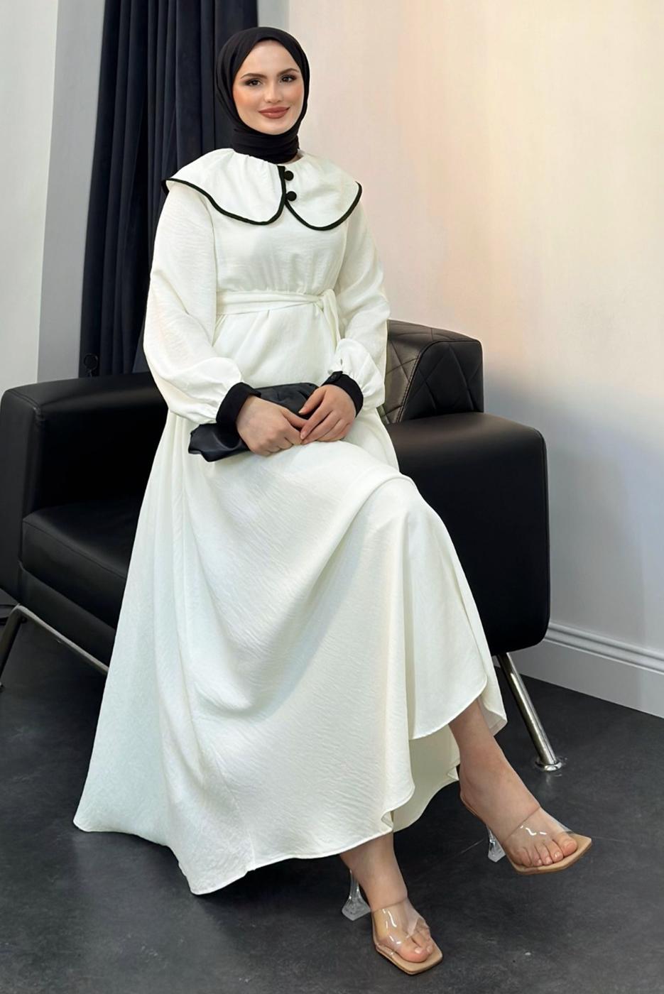 Tesettür giyim BEYAZ KUŞAKLI TESETTÜR ELBİSE T 8806