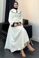 Tesettür giyim BEYAZ KUŞAKLI TESETTÜR ELBİSE T 8806