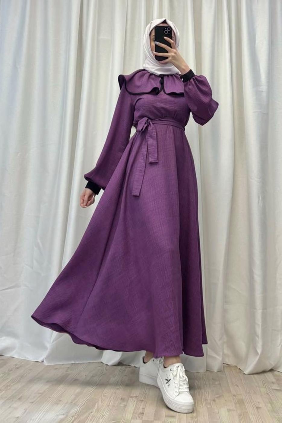 Tesettür giyim MOR KUŞAKLI TESETTÜR ELBİSE T 8806