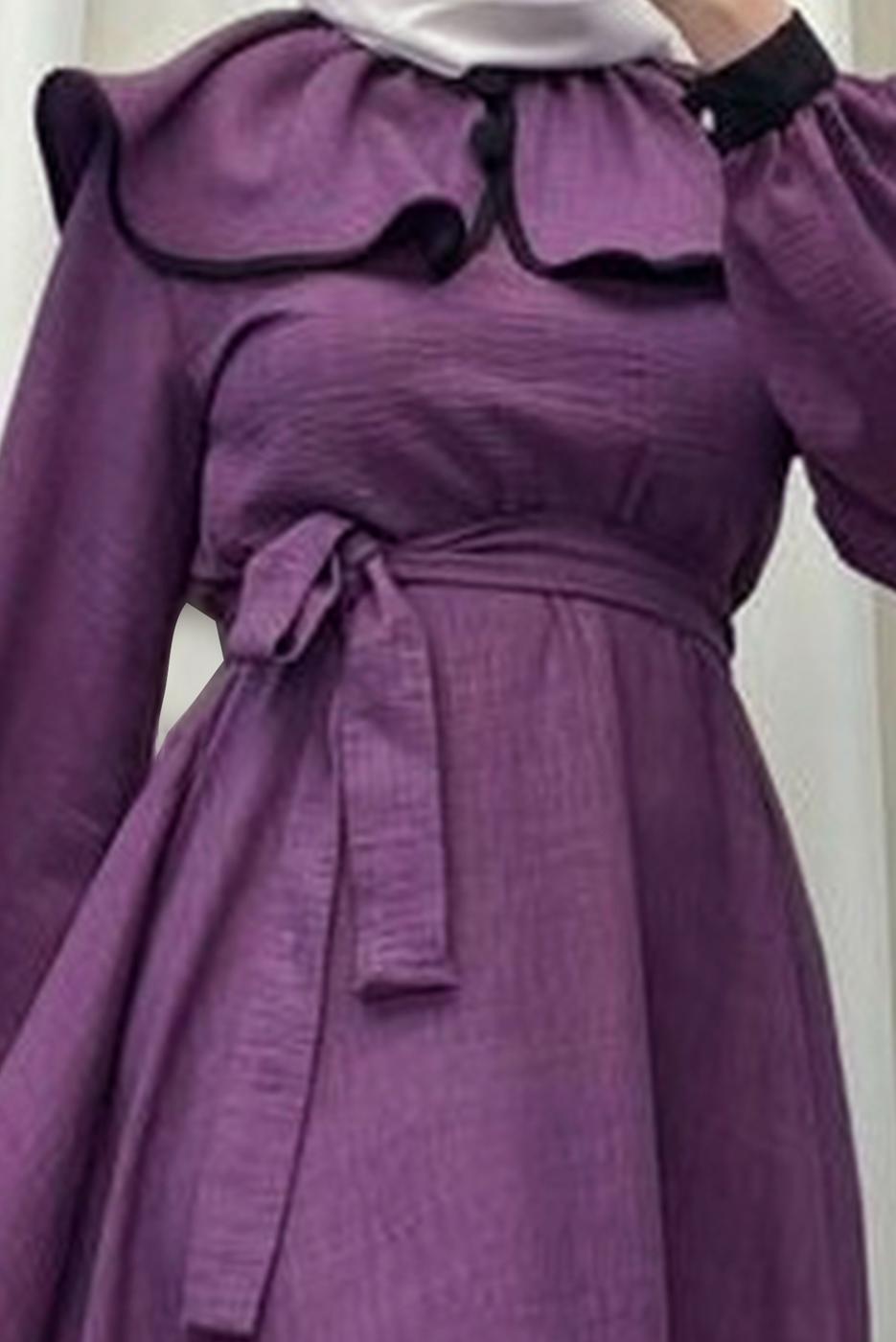 Tesettür giyim MOR KUŞAKLI TESETTÜR ELBİSE T 8806