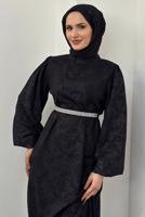 Tesettür giyim SİYAH KUŞAKLI ELBİSE T 8906