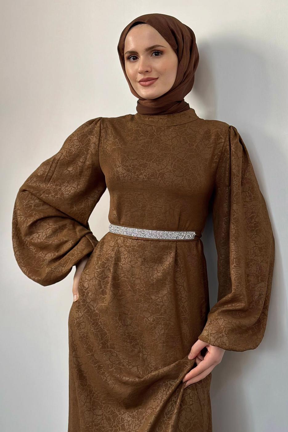 Tesettür giyim KAHVE KUŞAKLI ELBİSE T 8906