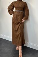 Tesettür giyim KAHVE KUŞAKLI ELBİSE T 8906