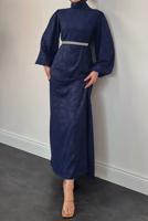 Tesettür giyim LACİVERT KUŞAKLI ELBİSE T 8906