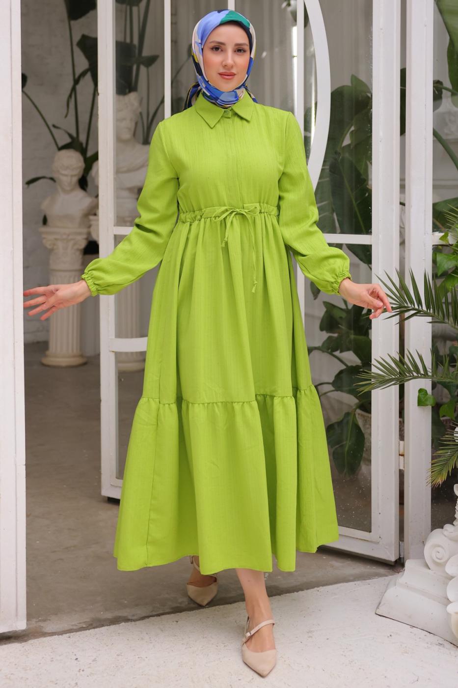 Tesettür giyim YEŞİL BELİ BÜZGÜLÜ ELBİSE T 90616