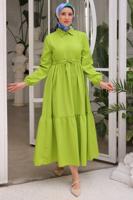 Tesettür giyim YEŞİL BELİ BÜZGÜLÜ ELBİSE T 90616