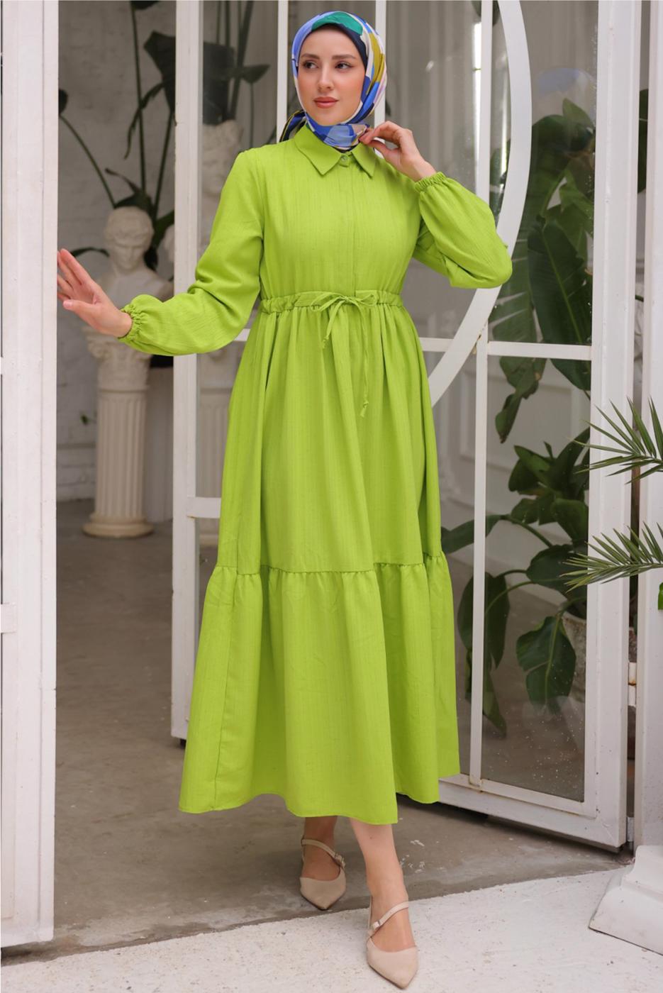 Tesettür giyim YEŞİL BELİ BÜZGÜLÜ ELBİSE T 90616