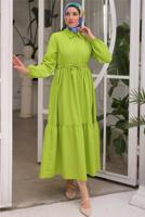 Tesettür giyim YEŞİL BELİ BÜZGÜLÜ ELBİSE T 90616