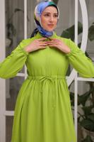 Tesettür giyim YEŞİL BELİ BÜZGÜLÜ ELBİSE T 90616