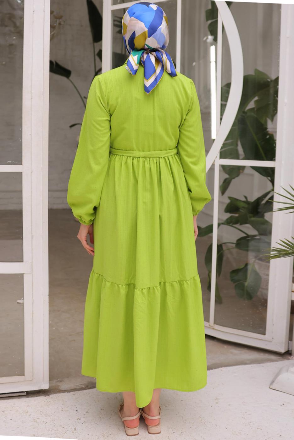 Tesettür giyim YEŞİL BELİ BÜZGÜLÜ ELBİSE T 90616