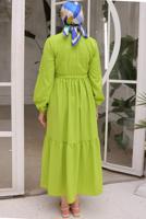 Tesettür giyim YEŞİL BELİ BÜZGÜLÜ ELBİSE T 90616