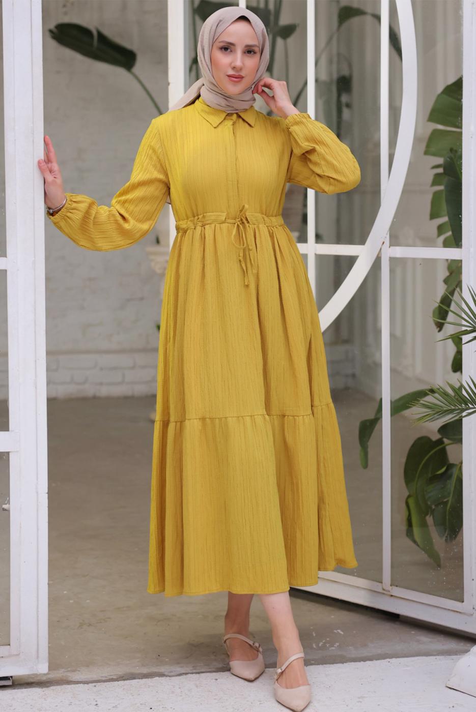 Tesettür giyim YEŞİL BELİ BÜZGÜLÜ ELBİSE T 90616