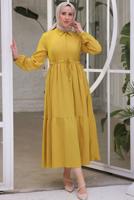 Tesettür giyim YEŞİL BELİ BÜZGÜLÜ ELBİSE T 90616