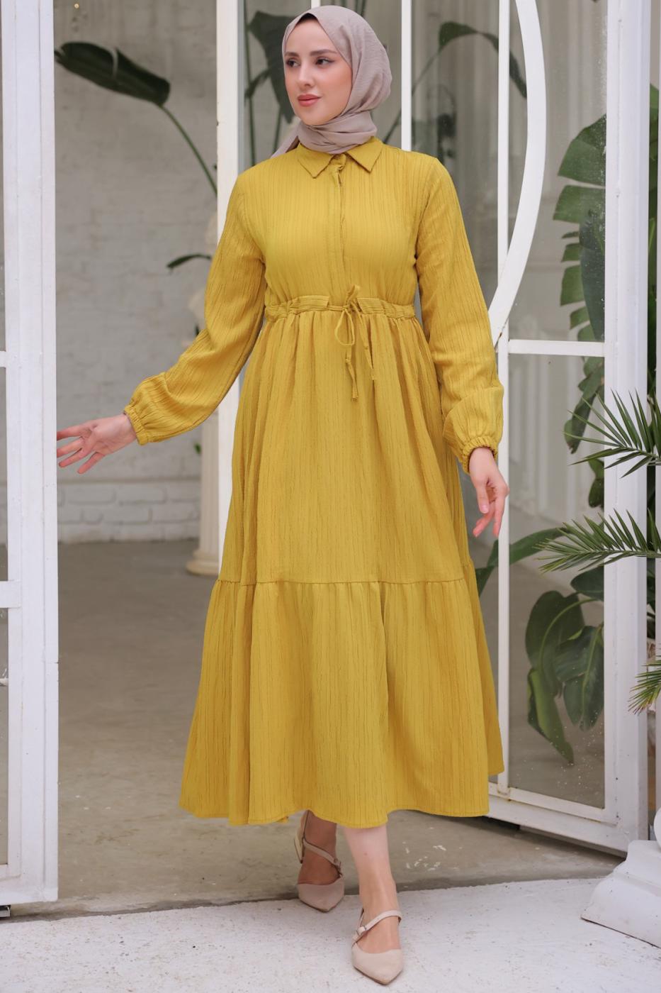 Tesettür giyim YEŞİL BELİ BÜZGÜLÜ ELBİSE T 90616