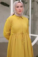 Tesettür giyim YEŞİL BELİ BÜZGÜLÜ ELBİSE T 90616