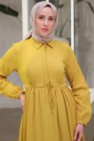 Tesettür giyim YEŞİL BELİ BÜZGÜLÜ ELBİSE T 90616