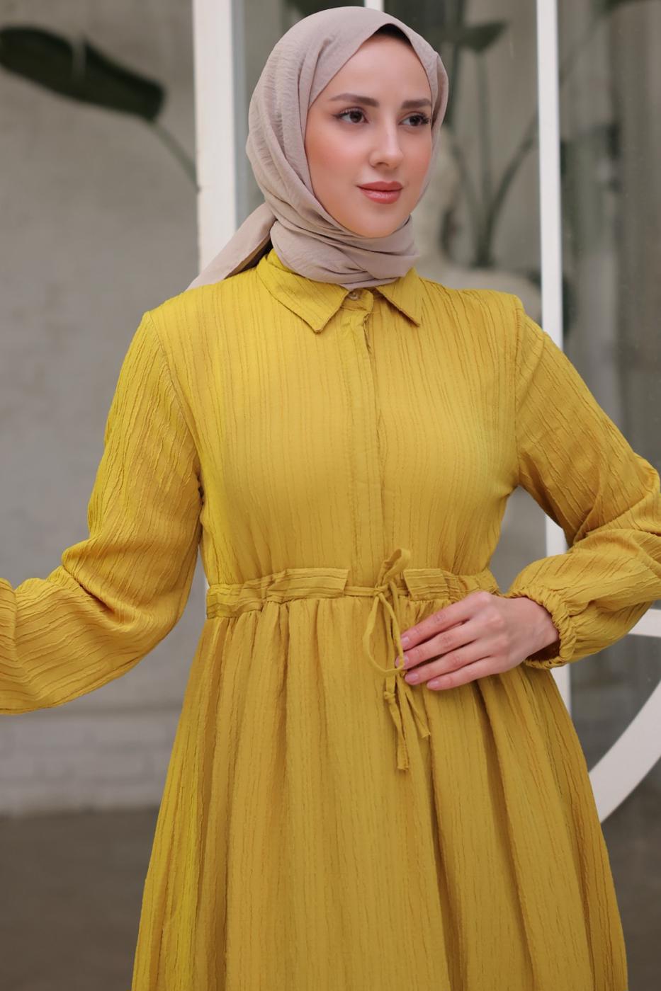 Tesettür giyim YEŞİL BELİ BÜZGÜLÜ ELBİSE T 90616