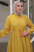 Tesettür giyim YEŞİL BELİ BÜZGÜLÜ ELBİSE T 90616