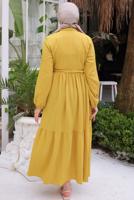 Tesettür giyim YEŞİL BELİ BÜZGÜLÜ ELBİSE T 90616