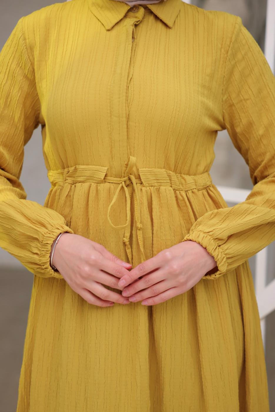 Tesettür giyim YEŞİL BELİ BÜZGÜLÜ ELBİSE T 90616