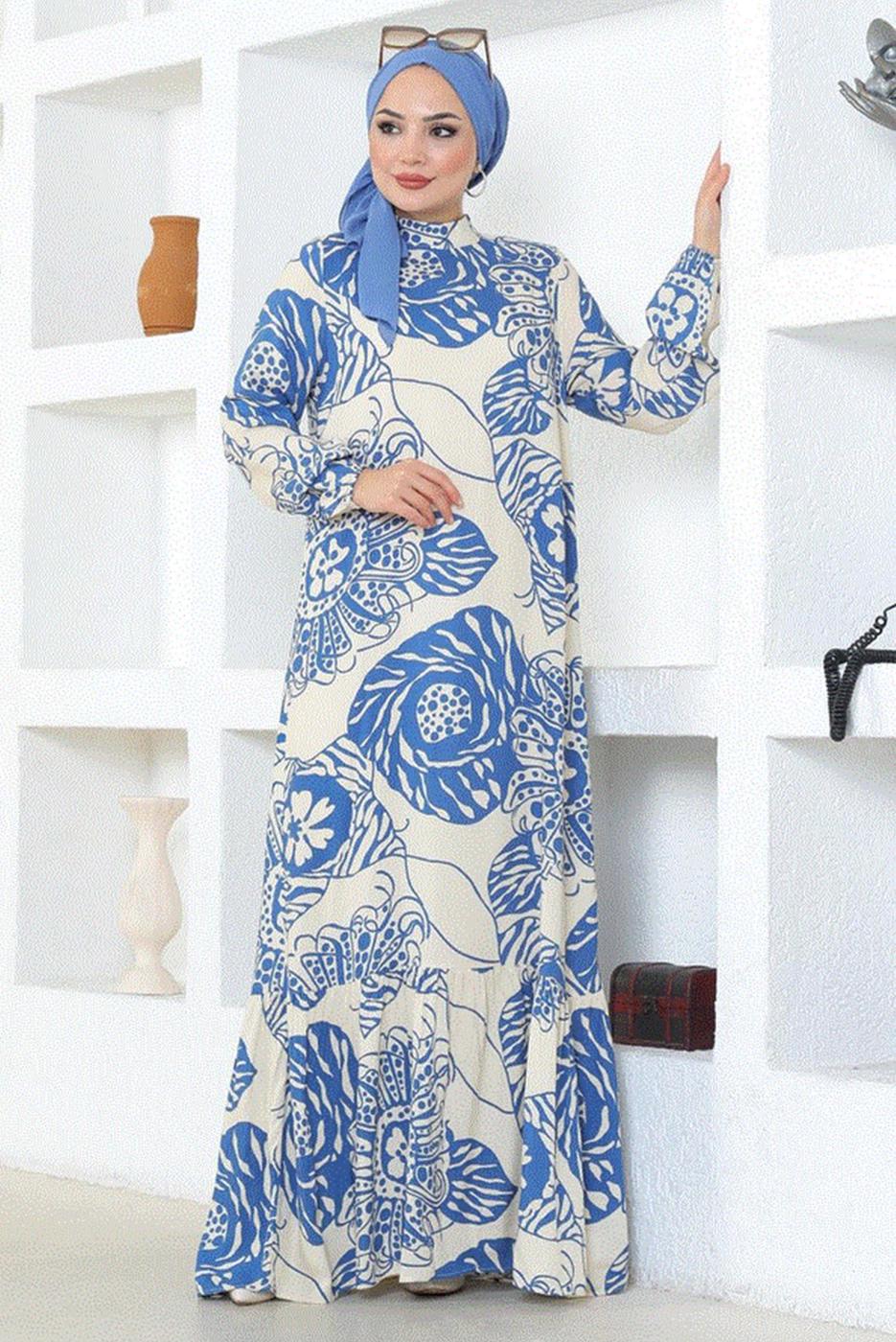 Tesettür giyim LACİVERT DESENLİ VİSKON ELBİSE T 9073