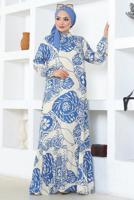 Tesettür giyim LACİVERT DESENLİ VİSKON ELBİSE T 9073