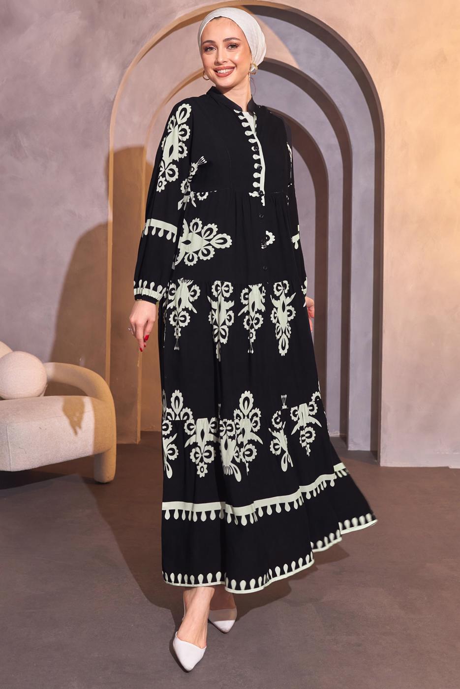 Tesettür giyim SİYAH DESENLİ TESETTÜR ELBİSE T 9614