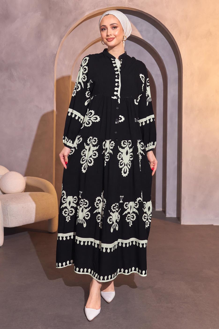 Tesettür giyim SİYAH DESENLİ TESETTÜR ELBİSE T 9614