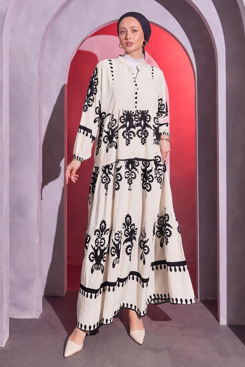 Tesettür giyim KREM DESENLİ TESETTÜR ELBİSE T 9614