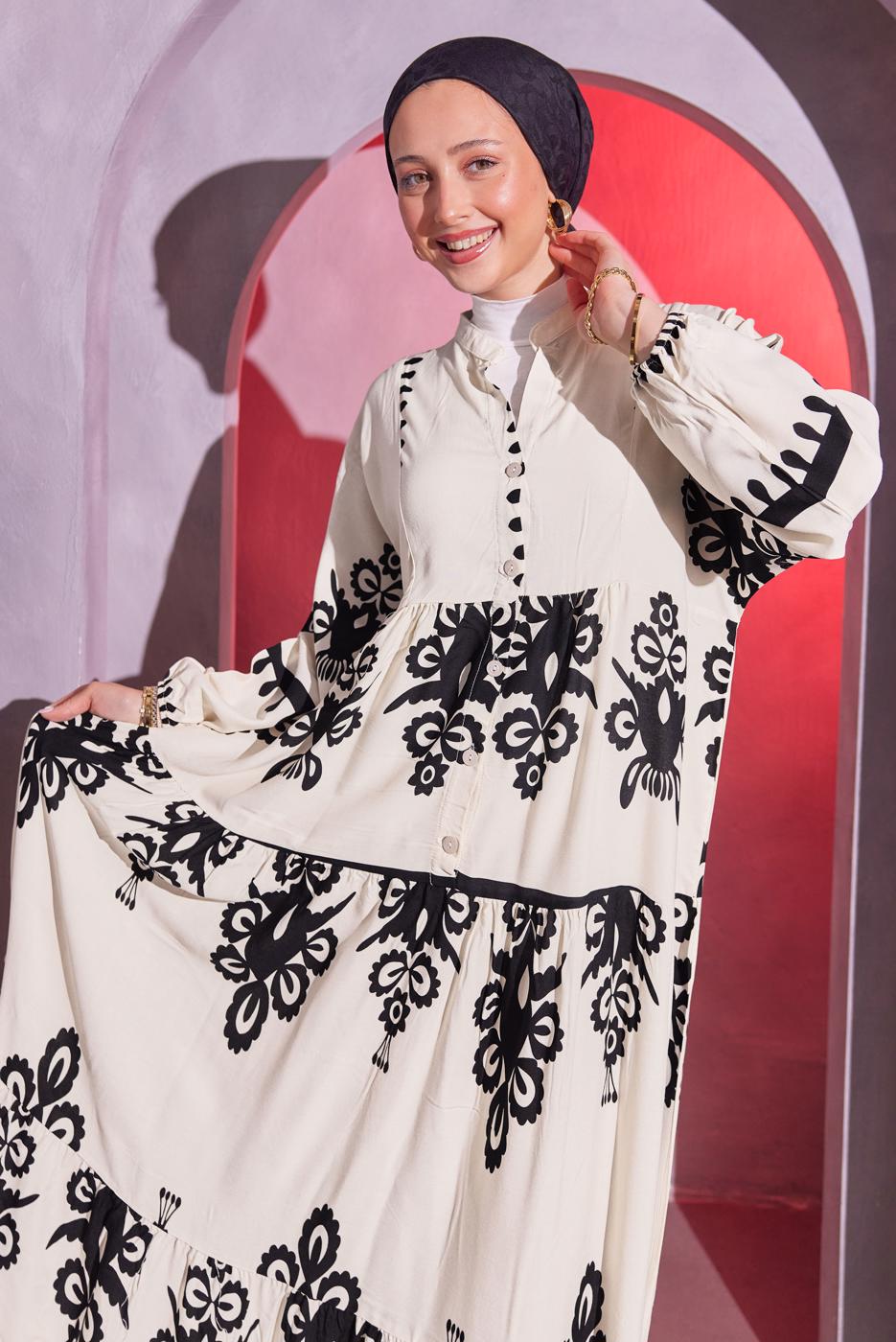 Tesettür giyim KREM DESENLİ TESETTÜR ELBİSE T 9614